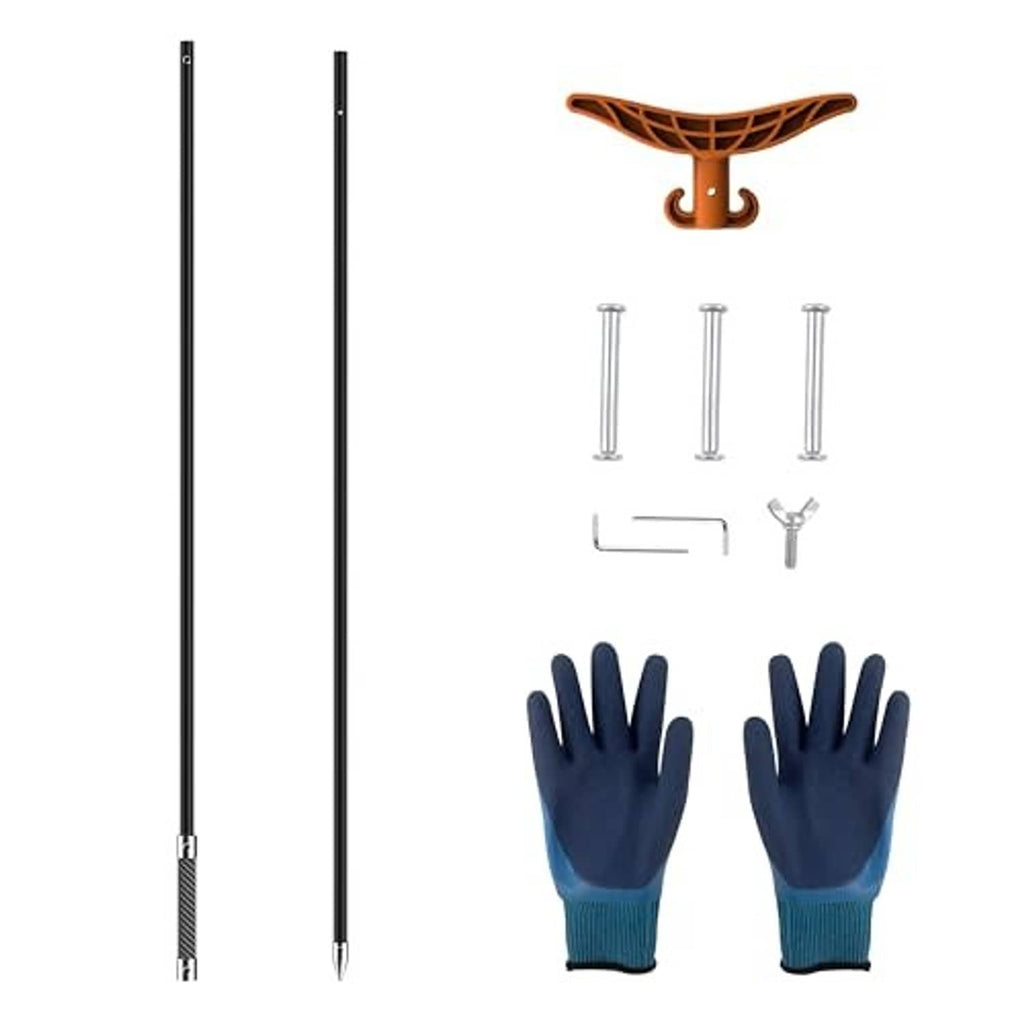 Shallow water anchor pole kit with orange anchor head, black poles, gloves, bolts