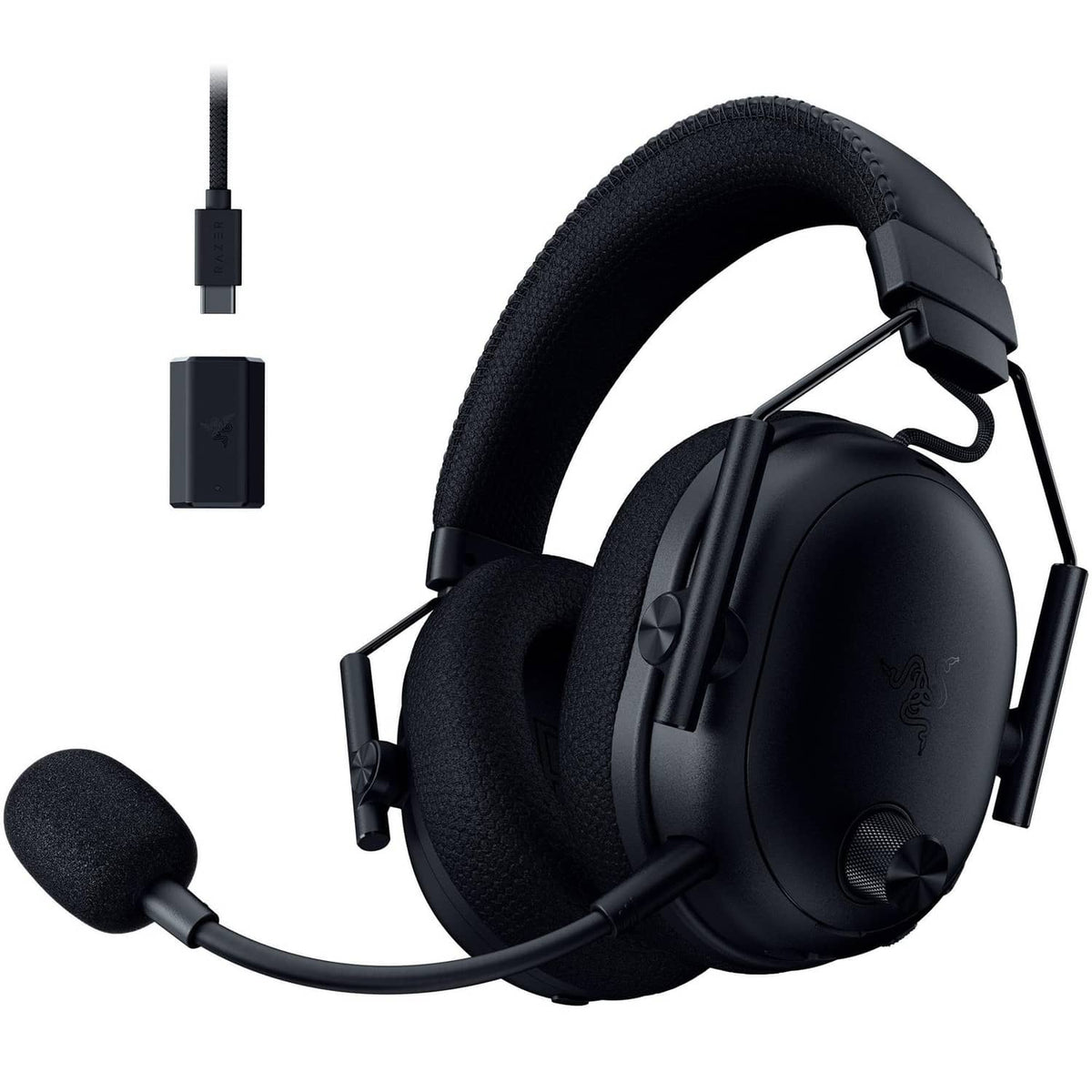 Black wireless gaming headset with padded earcups, headband, and boom microphone.