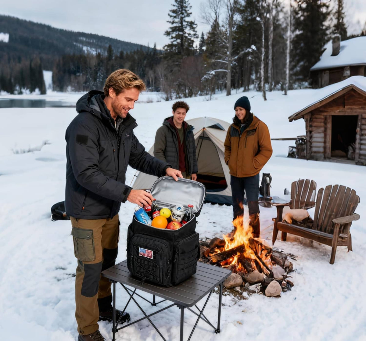 Black tactical cooler backpack open with drinks and groceries packed inside