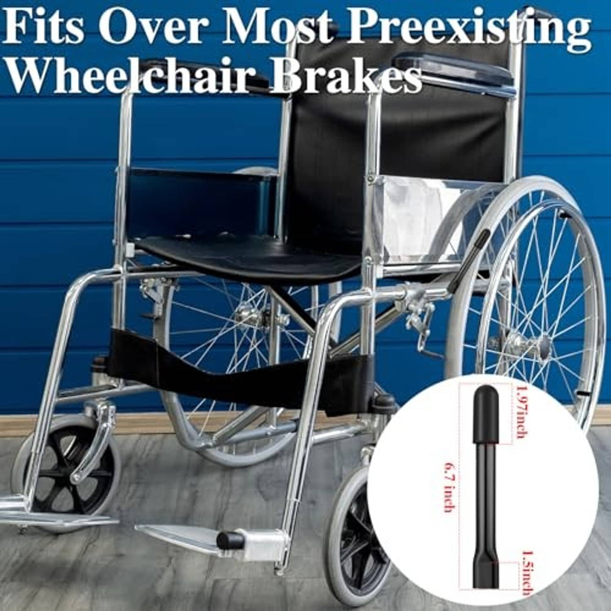 Wheelchair brake handle extensions installed with black extended levers.