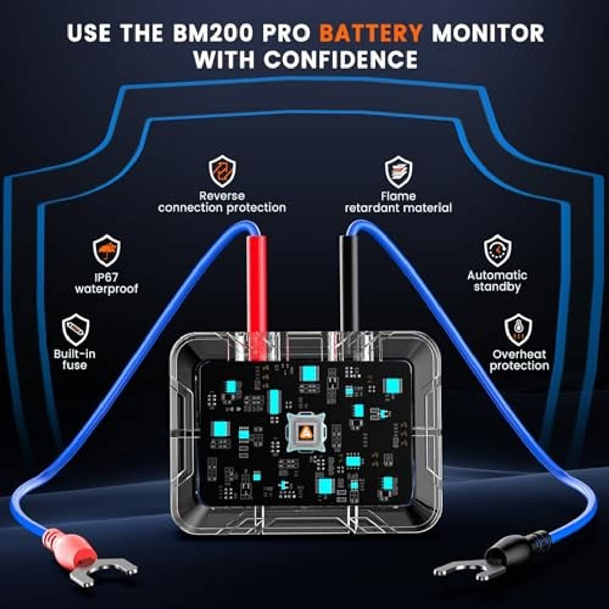 Car battery monitor module with transparent enclosure and protective circuit board