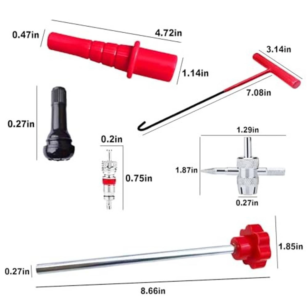 Tire valve tool kit parts with red handles, metal shafts, and black valve core removers