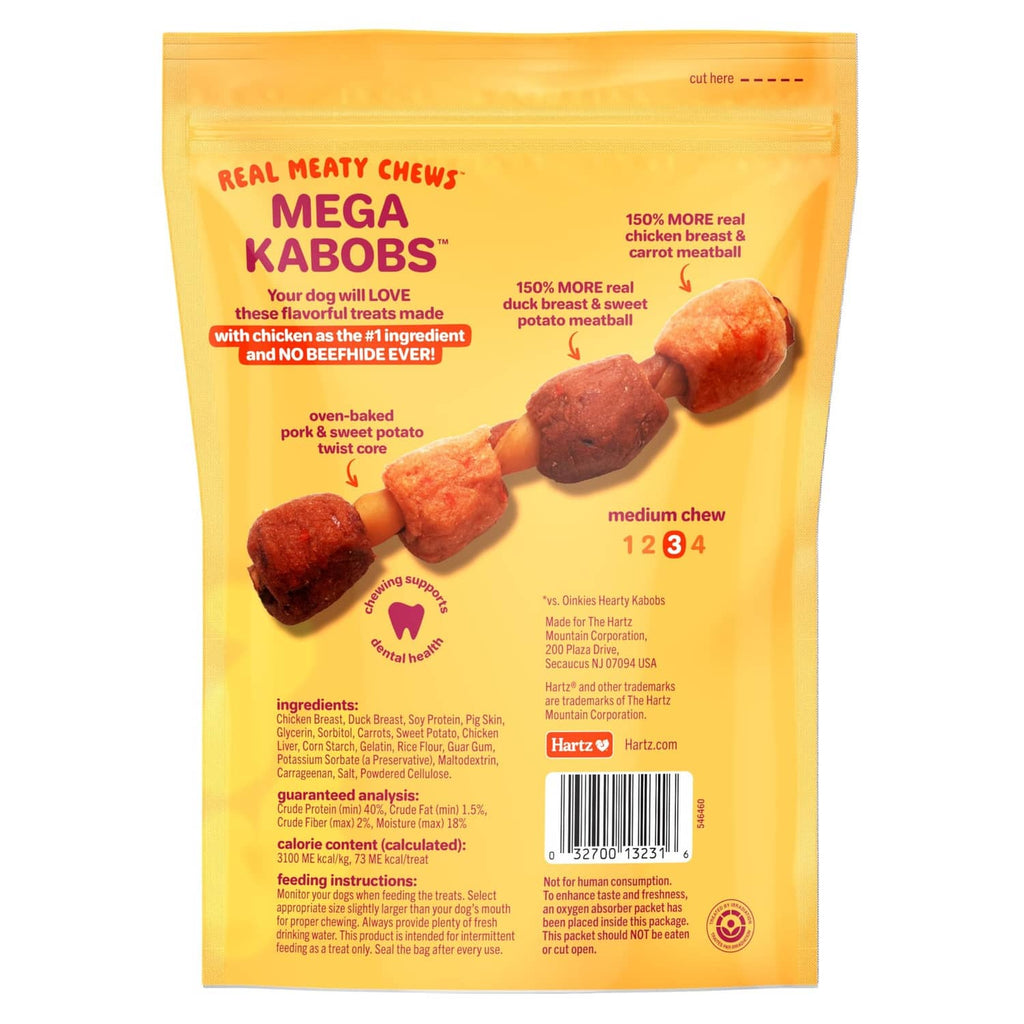 Back of Hartz Oinkies Mega Kabobs bag with ingredient and nutrition info