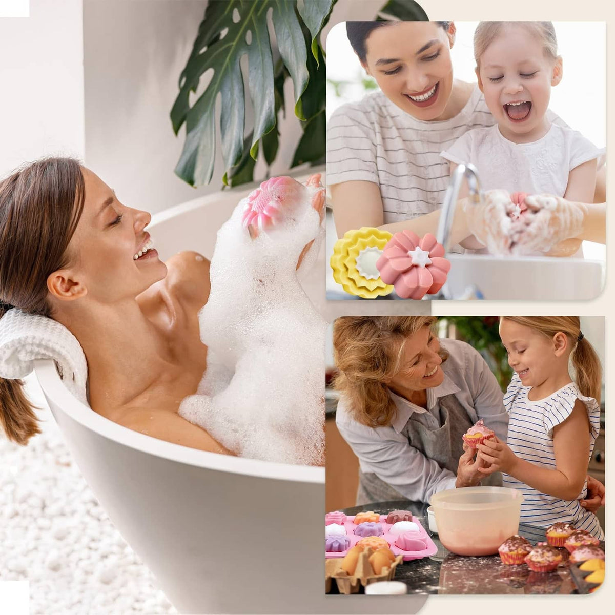 Family soap-making scene with pink silicone flower soap molds in use