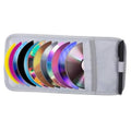Gray CD case holder with rainbow discs in front sleeve and side elastic strap