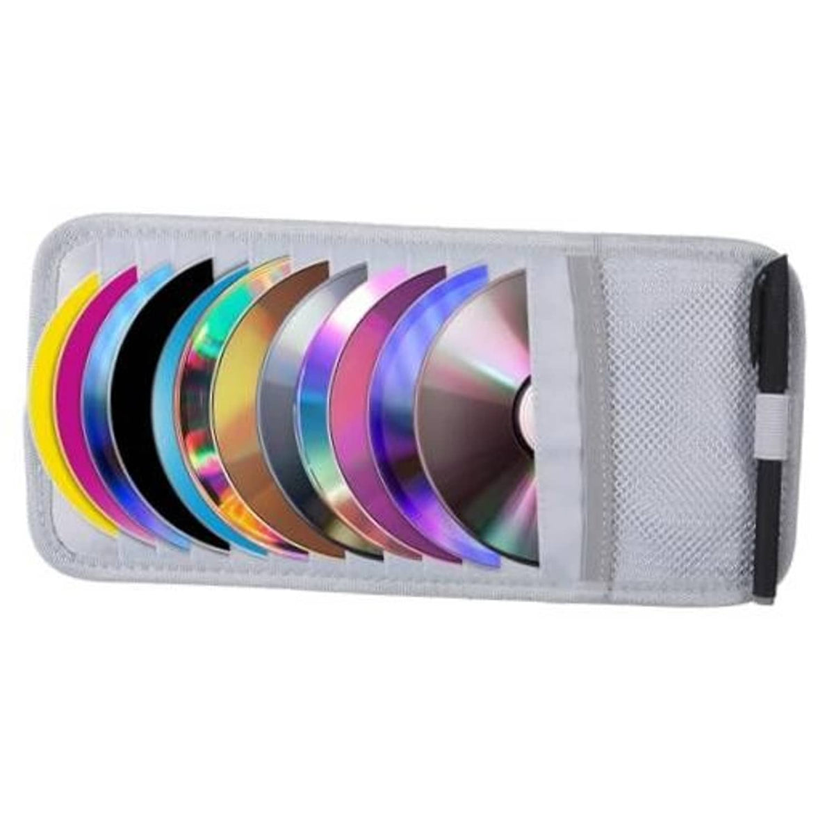Gray CD case holder with rainbow discs in front sleeve and side elastic strap