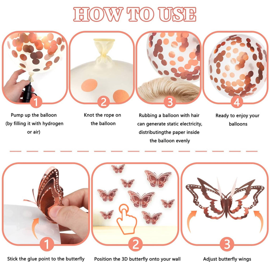 Birthday balloon and butterfly decoration step-by-step use instructions diagram