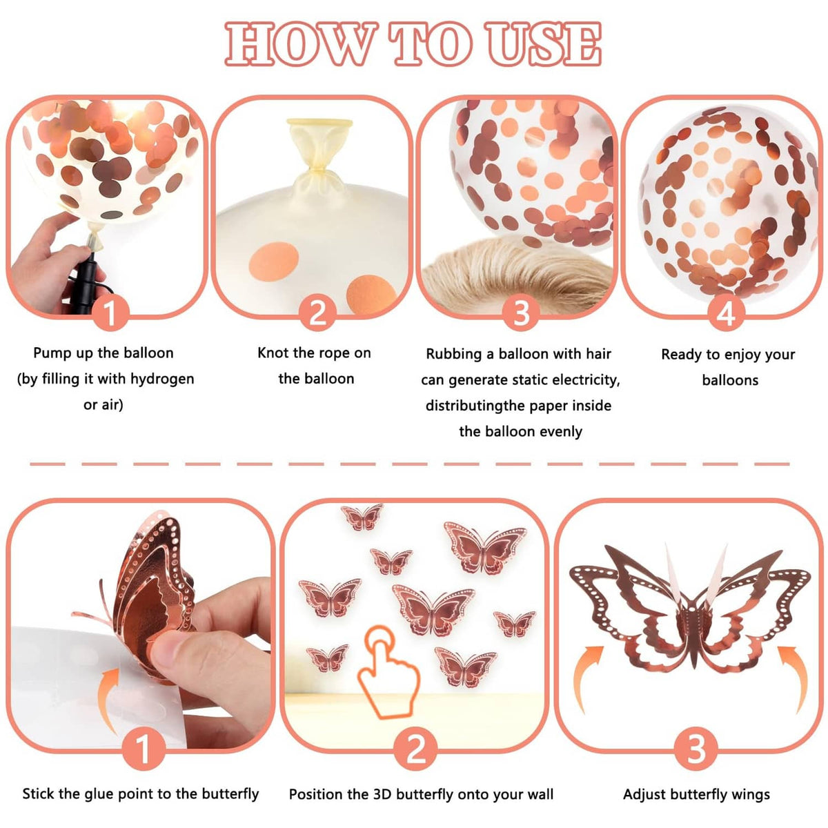 Birthday balloon and butterfly decoration step-by-step use instructions diagram