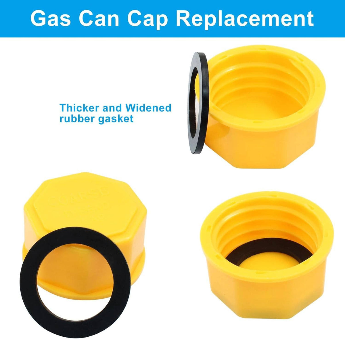 Yellow gas can cap replacement with black gasket ring and coarse threaded opening