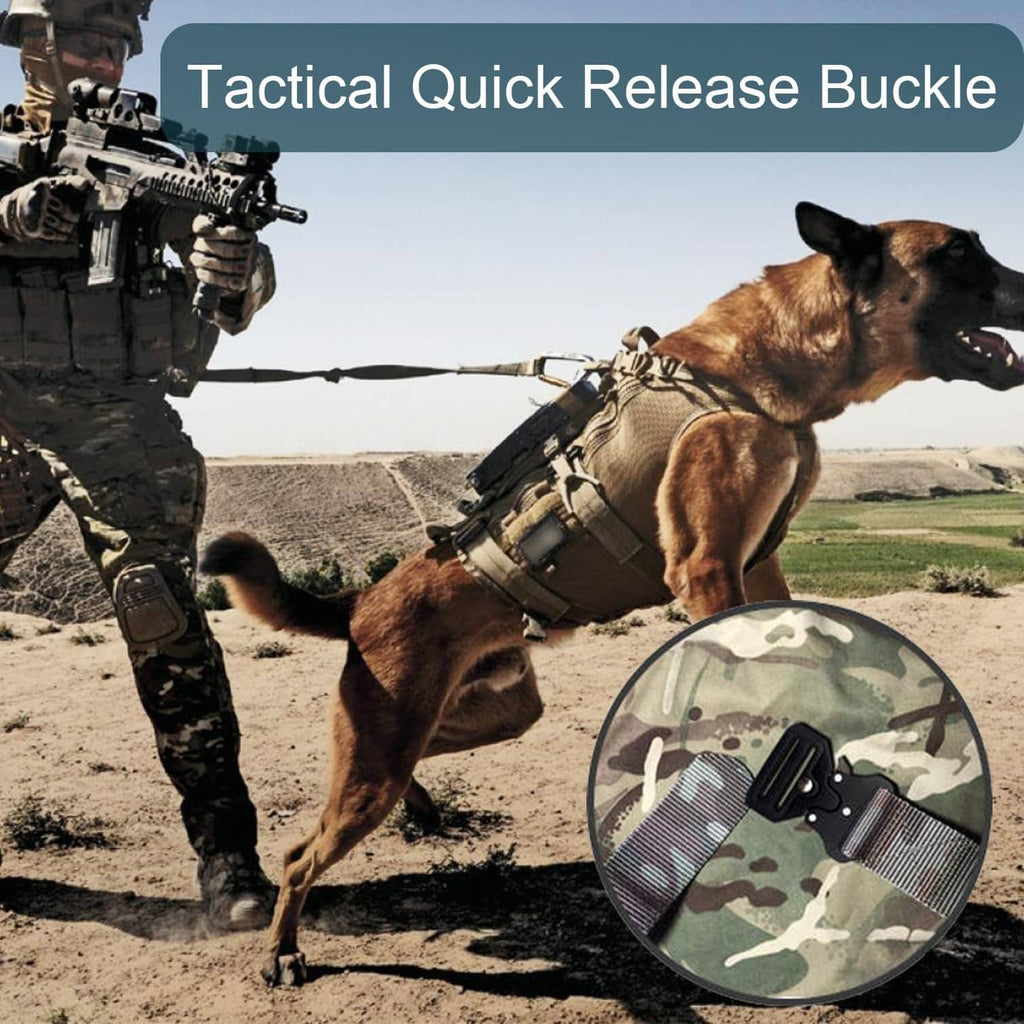 Tactical quick-release buckle on black dog harness strap, with gold metal accents