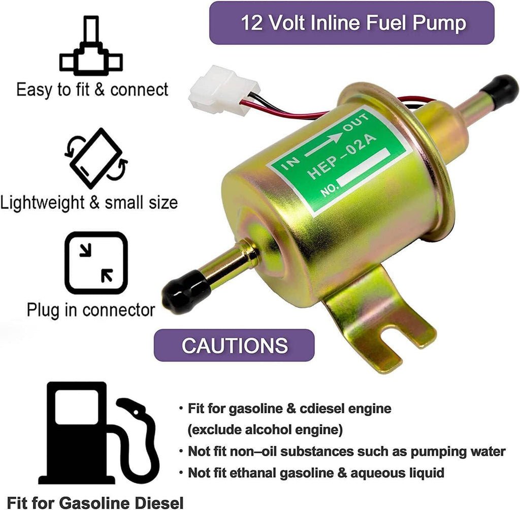 Inline electric fuel pump with green label, plug connector, and mounting bracket