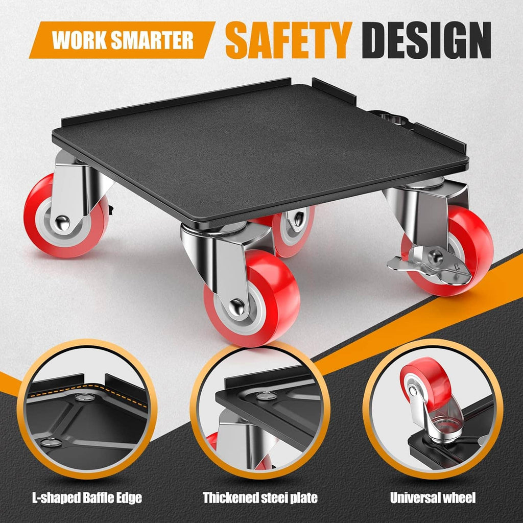 Heavy duty furniture dolly with black platform, red swivel casters, reinforced steel frame