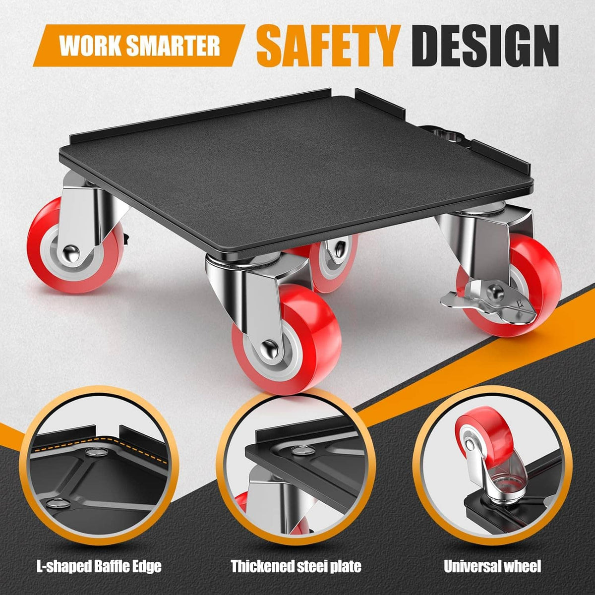 Heavy duty furniture dolly with black platform, red swivel casters, reinforced steel frame