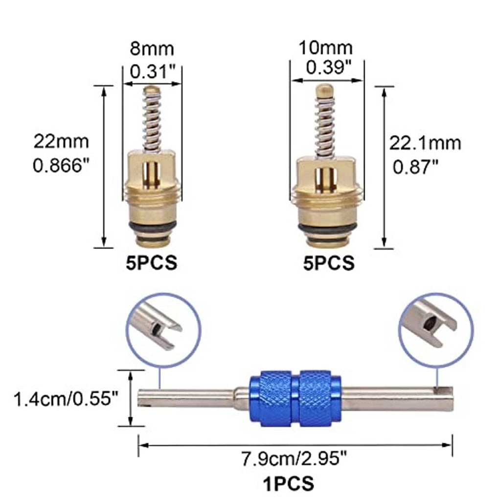 Valve core size diagram with gold valve cores and blue remover tool dimensions