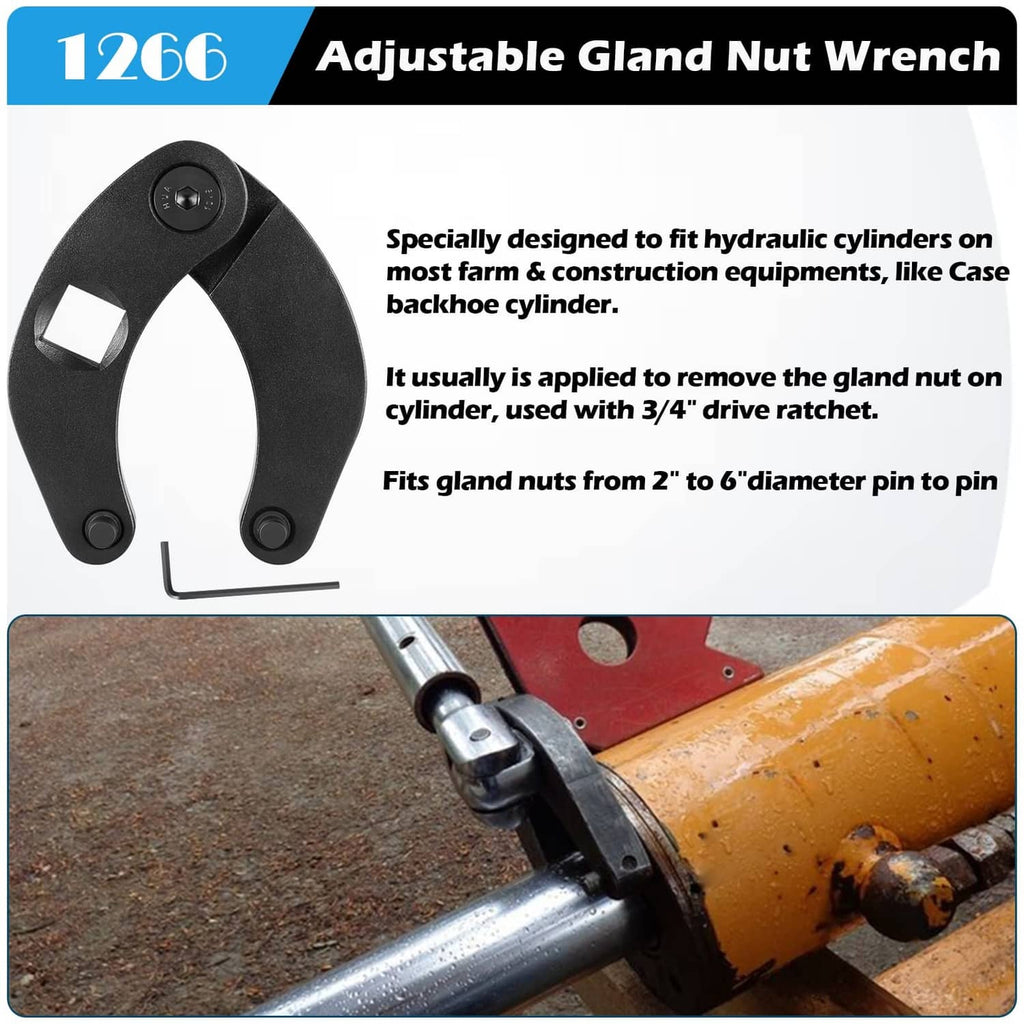 Black adjustable gland nut wrench with curved jaws and hex drive socket