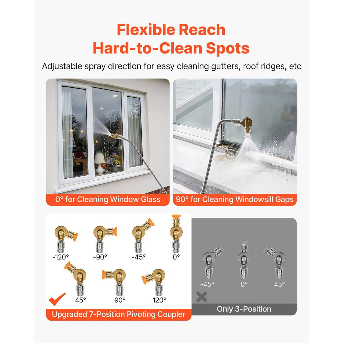 Pressure washer wand with adjustable spray direction for window, gutter, and roof cleaning