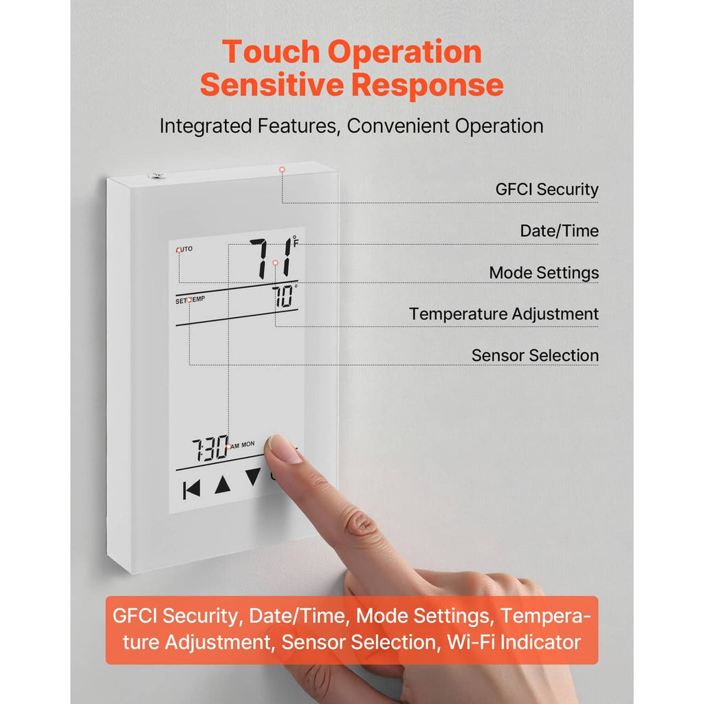 Wall thermostat with touchscreen panel and fingertip touch controls for settings