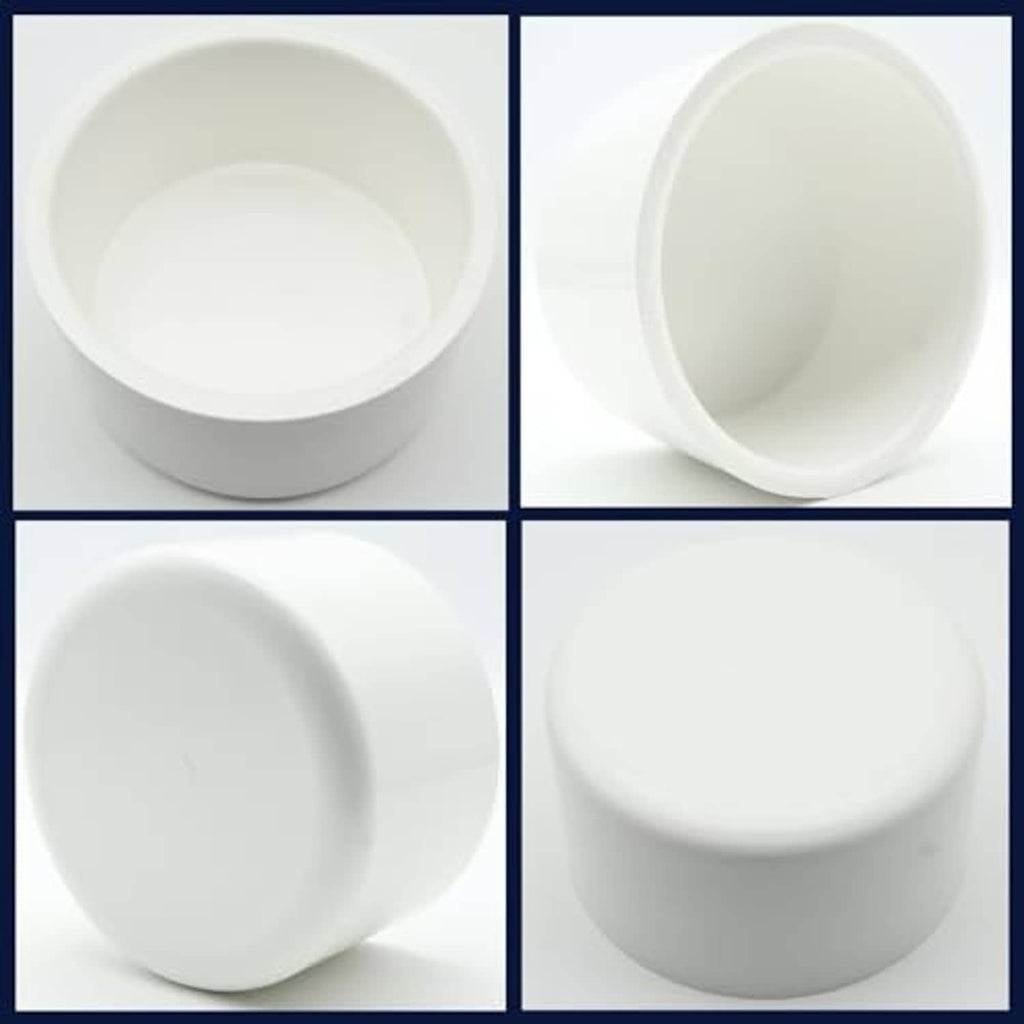 White PVC pipe end cap shown from inside and outside, round opening