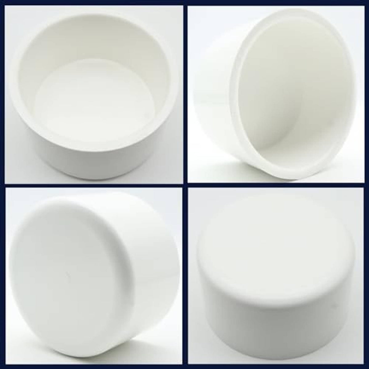 White PVC pipe end cap shown from inside and outside, round opening
