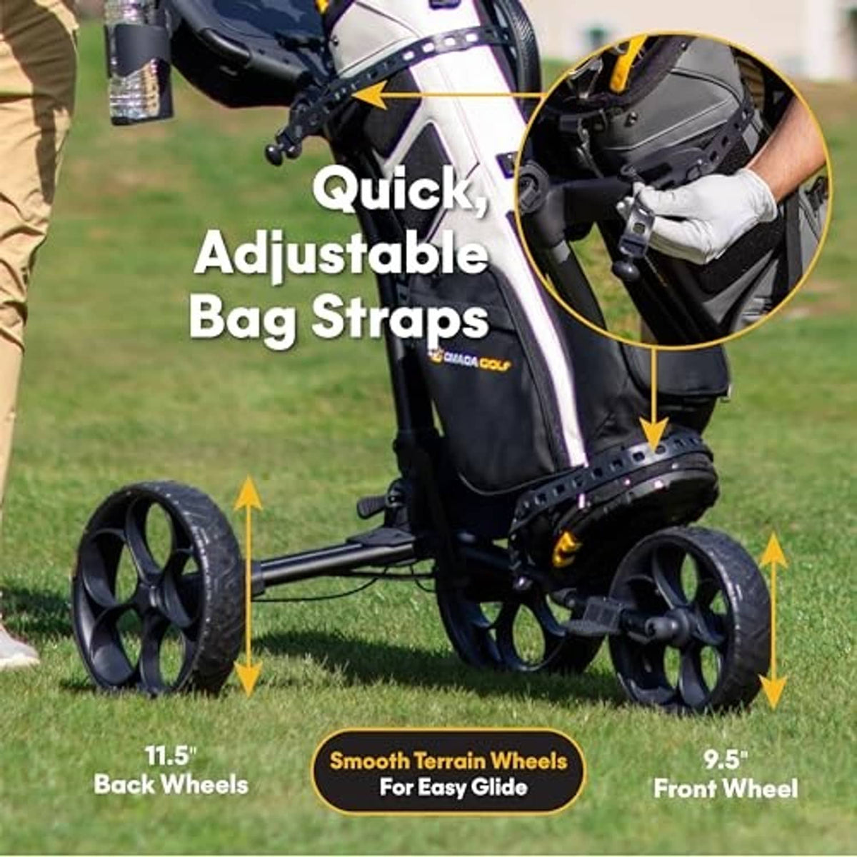 Golf push cart with adjustable bag straps and front and rear wheels on grass