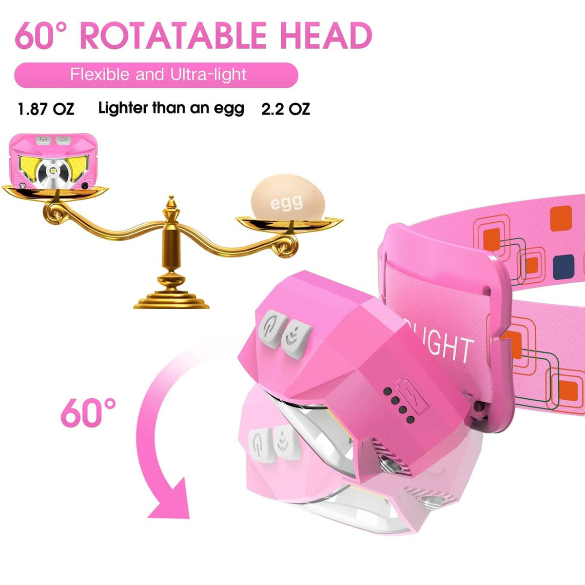 Pink rotatable LED headlamp with flexible 60-degree adjustable light head and headband