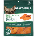 Healthfuls sweet potato slices dog treat bag, front view with orange treat slices
