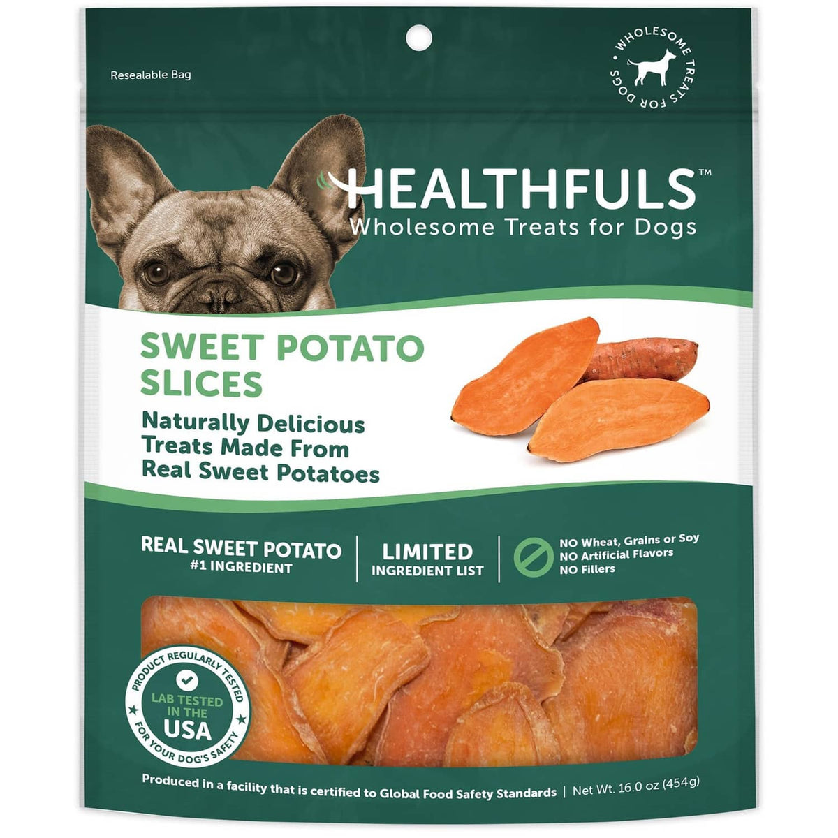 Healthfuls sweet potato slices dog treat bag, front view with orange treat slices