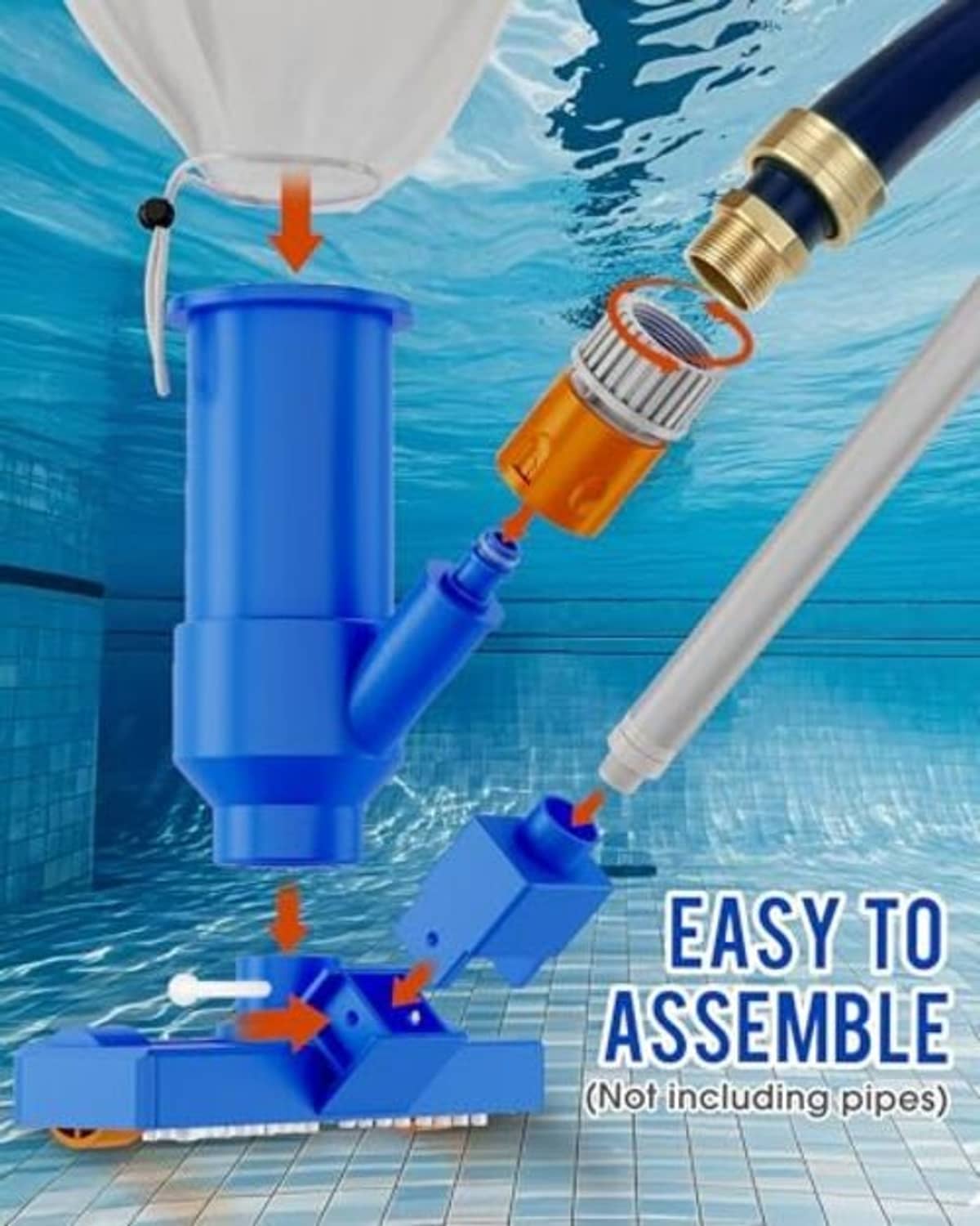 Blue pool vacuum head with orange jet connector and telescopic pole attachment