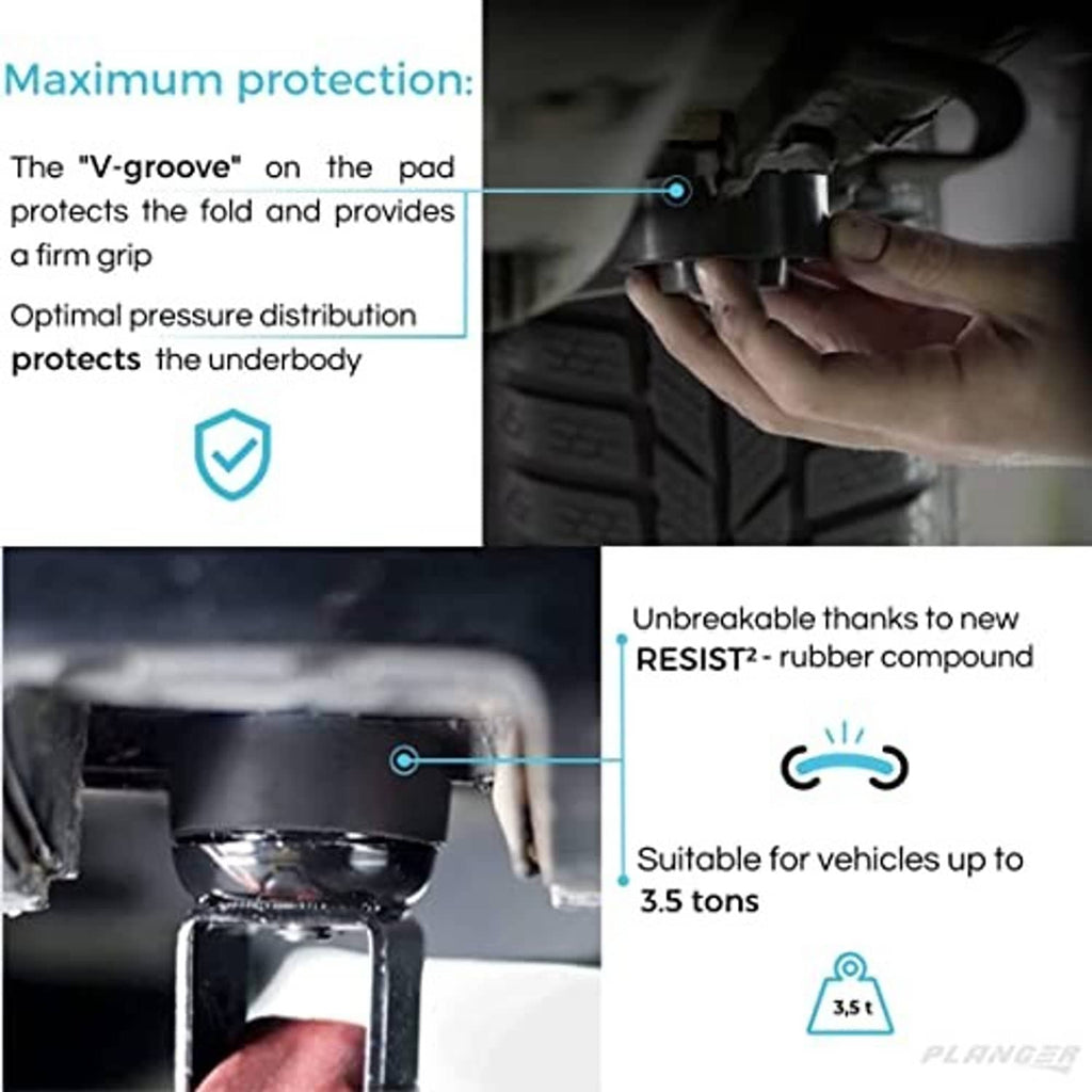 Rubber jack pad under vehicle lift point, textured tread for secure grip