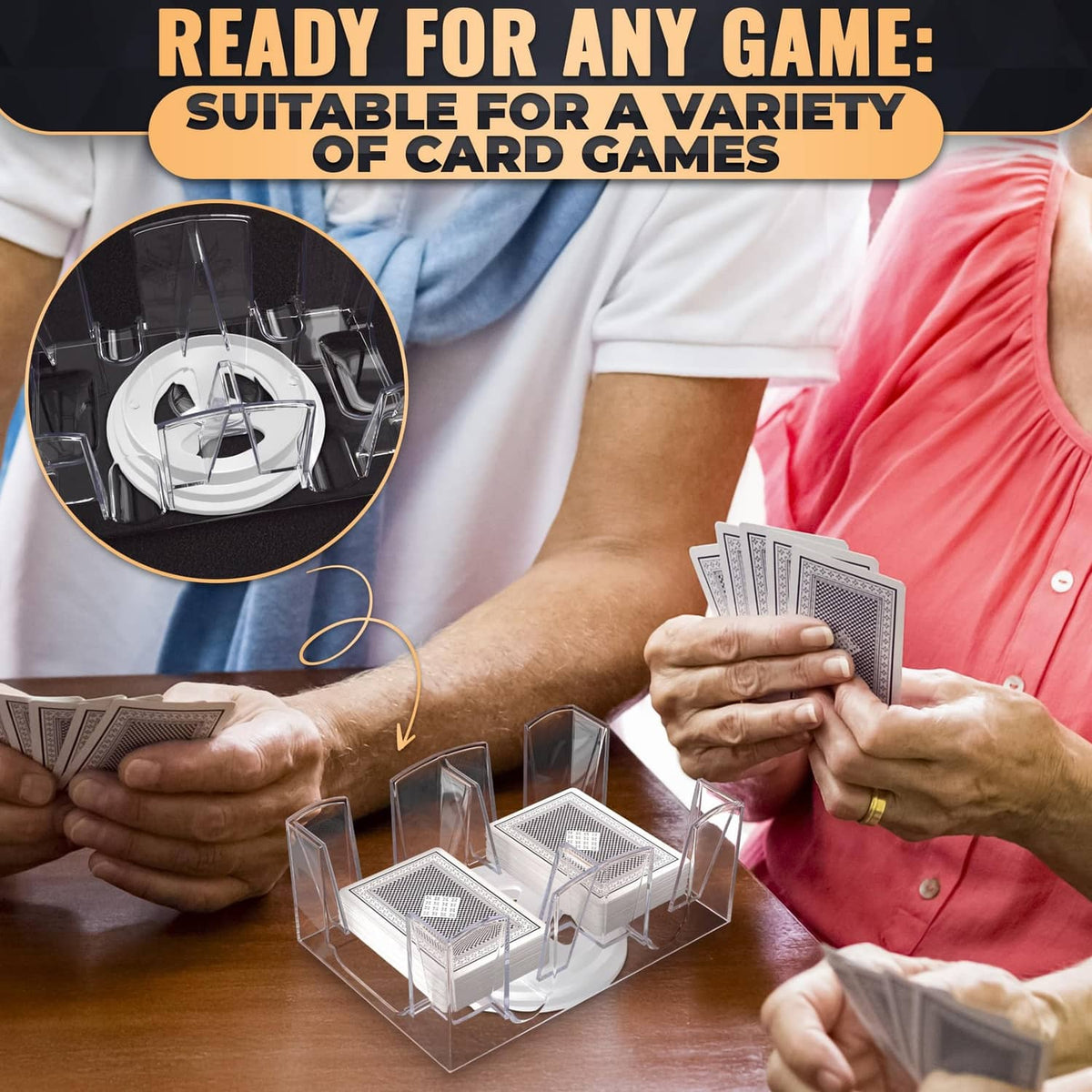 Transparent rotating 6-deck card holder on table with playing cards and hands using it.