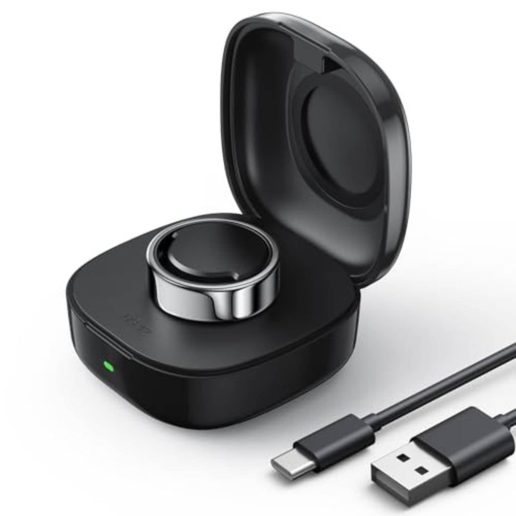 Black wireless charging case with open lid, metal ring base, and USB cable
