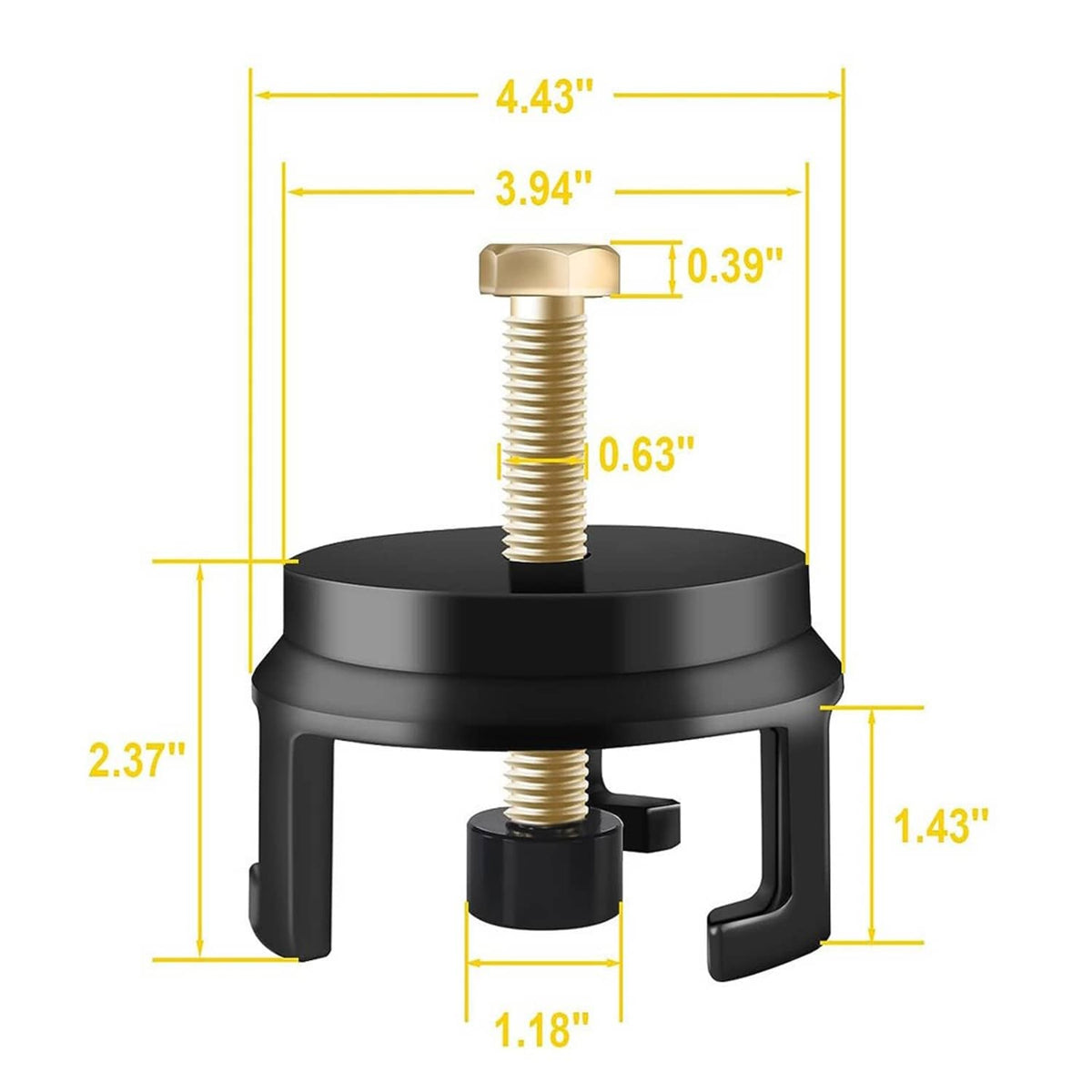 Harmonic balancer puller with black circular clamp and gold center bolt