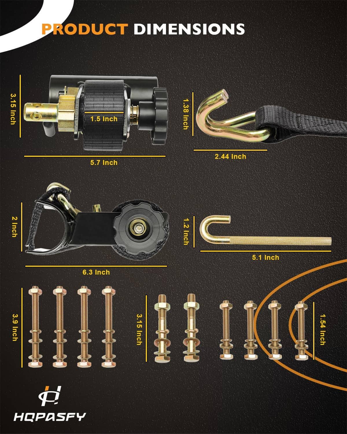 Ladder rack strap tie-down components with black webbing and J-hook, shown with dimensions
