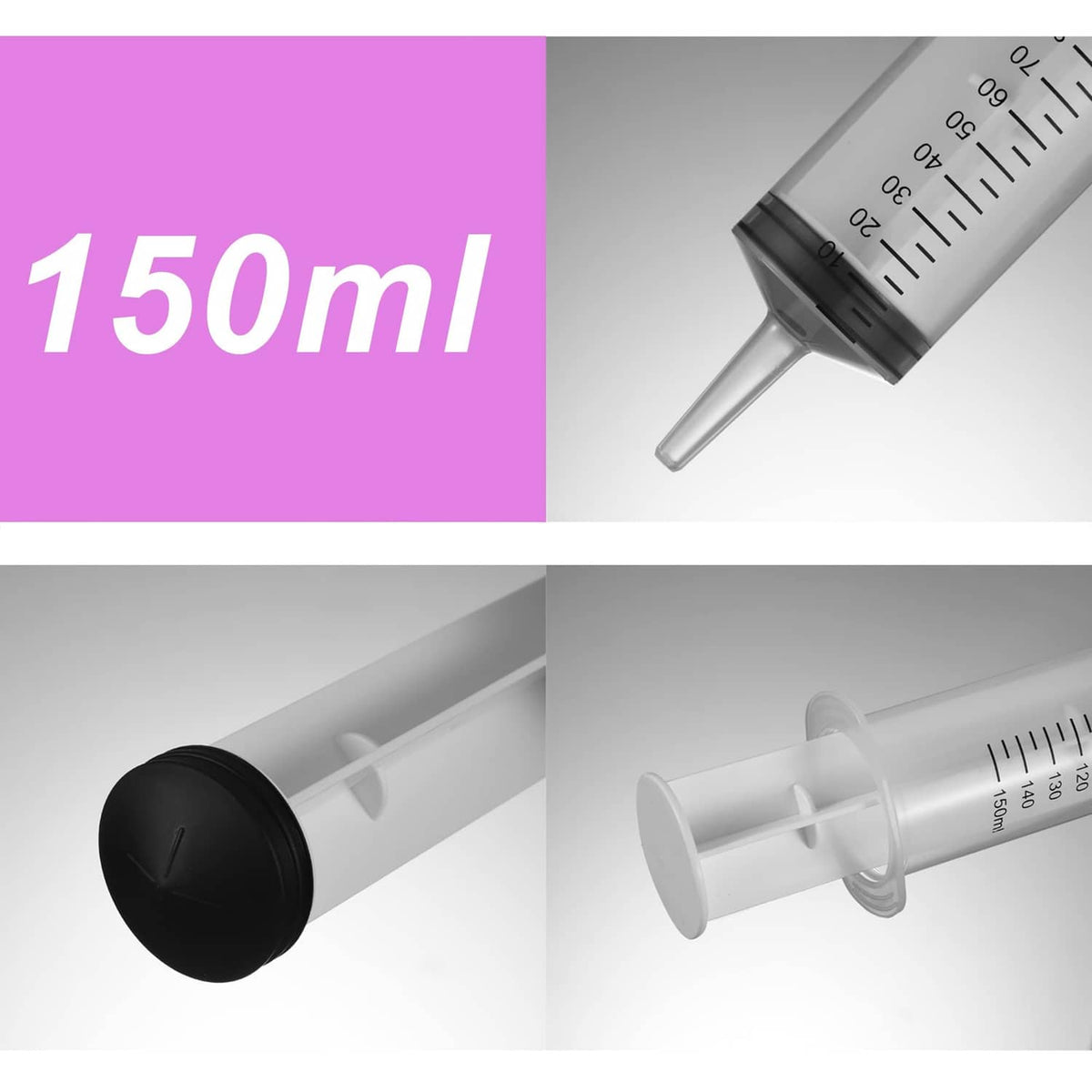 Clear 150 ml syringe with black nozzle cap and white plunger, angled view