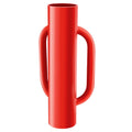 Red steel post driver for T-posts with dual side handles, cylindrical tube
