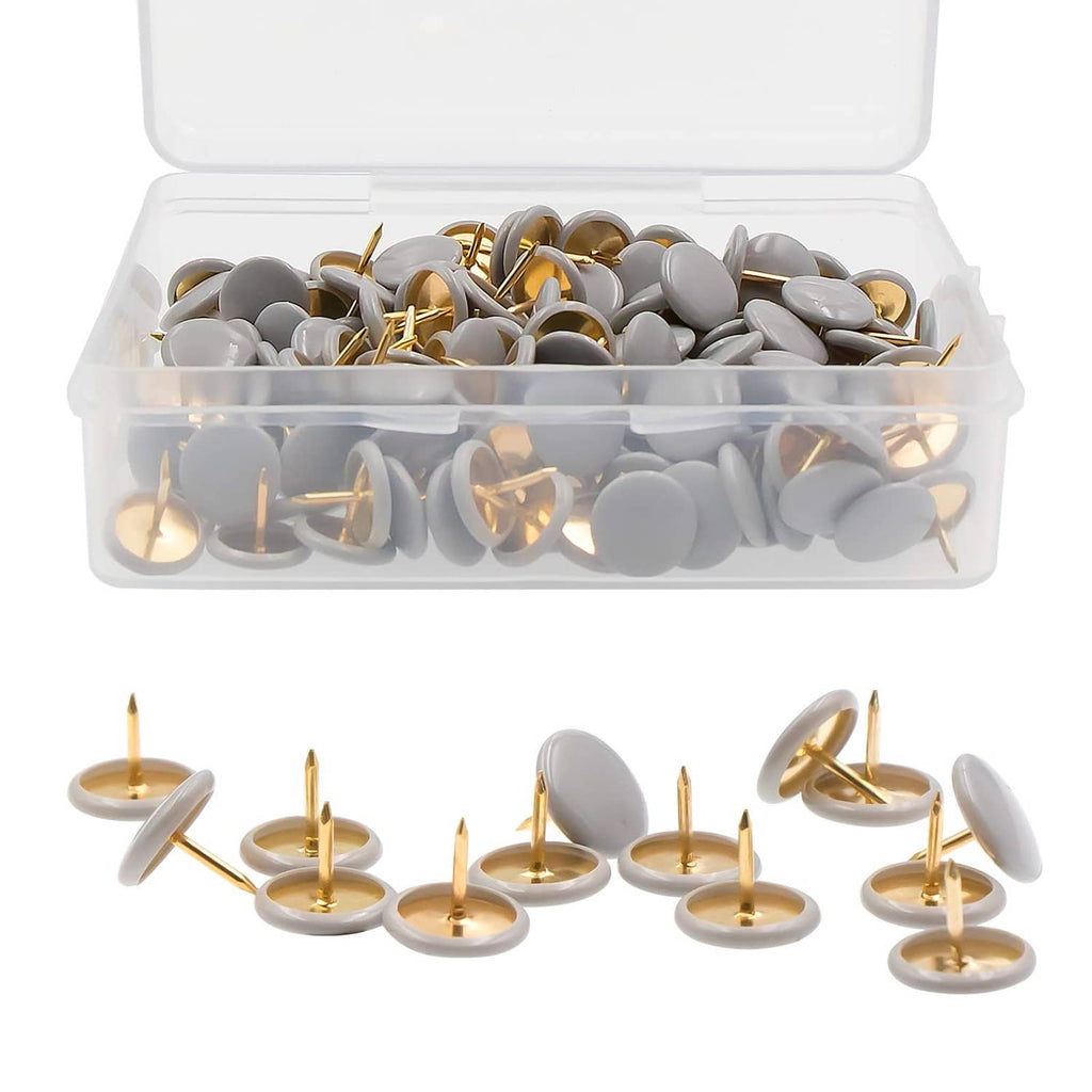 Gray plastic round-head thumbtacks, assorted pins in clear storage box
