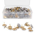 Gray plastic round-head thumbtacks, assorted pins in clear storage box