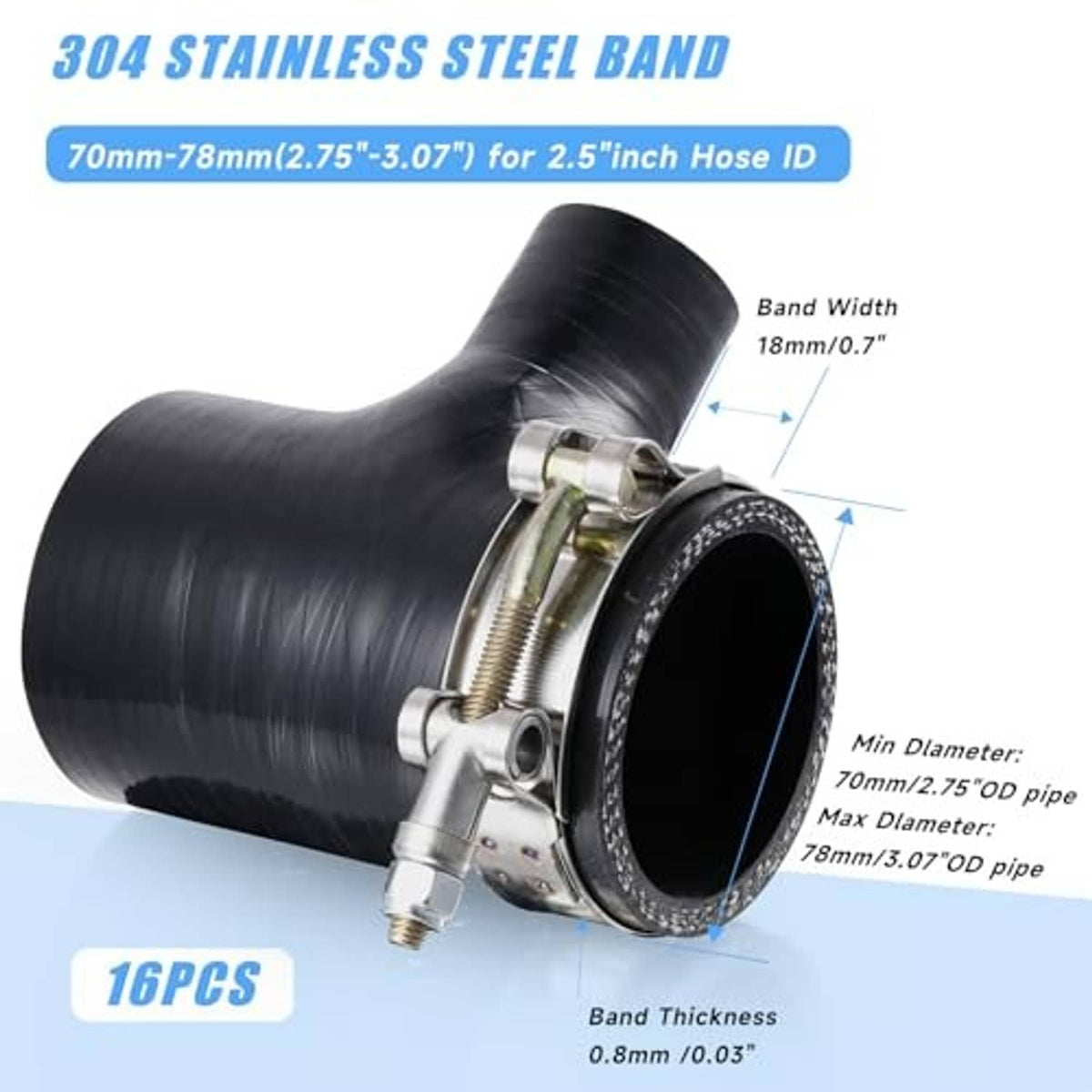 Stainless steel T-bolt hose clamp securing a black rubber hose
