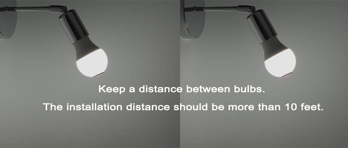 Two mounted A19 motion sensor light bulbs showing spacing between bulbs