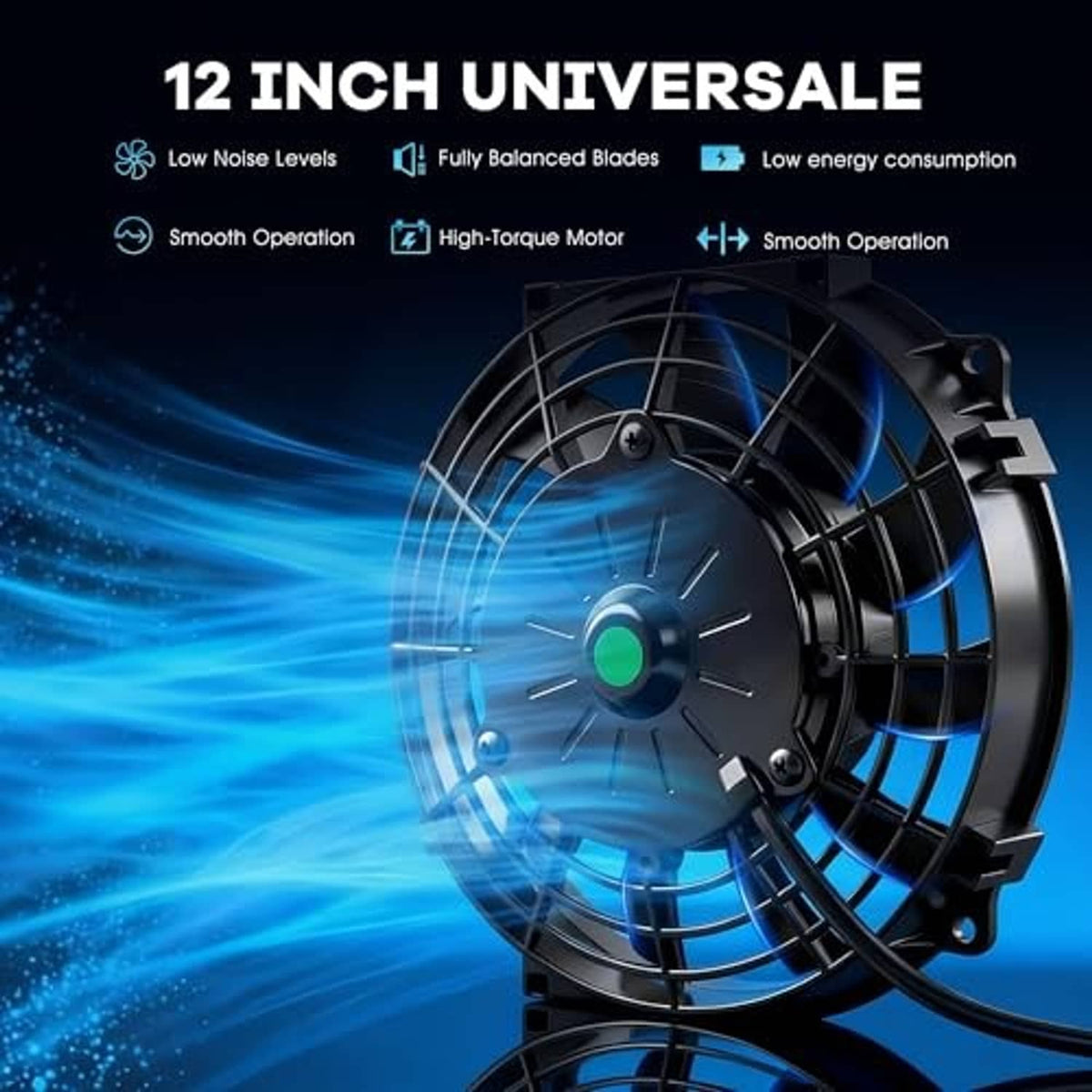12-inch universal radiator cooling fan with black blades and green center