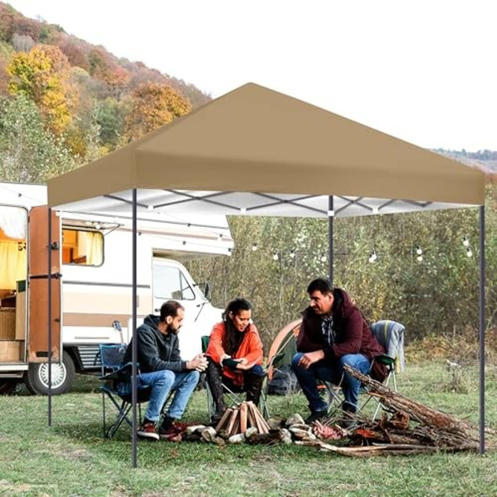 Khaki 4x6 pop-up canopy top cover over outdoor campsite seating