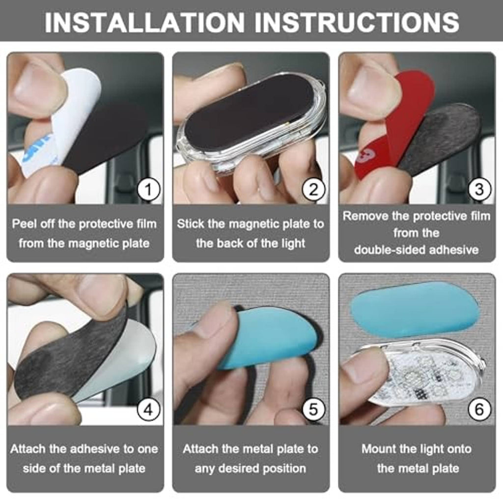Magnetic LED light installation kit with protective films, metal plate, and adhesive mount