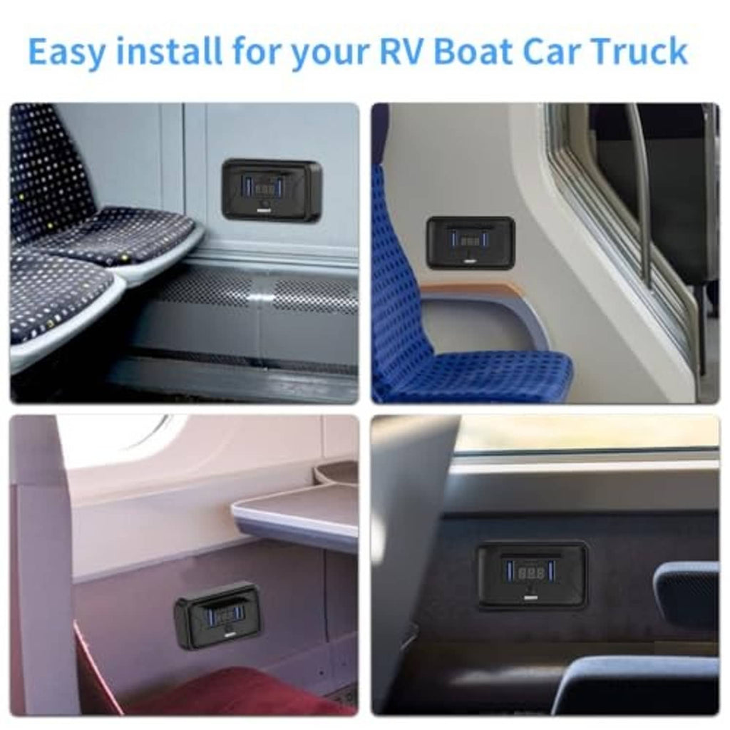 Black USB socket panel mounted in vehicle, USB-C and dual USB-A ports with digital display