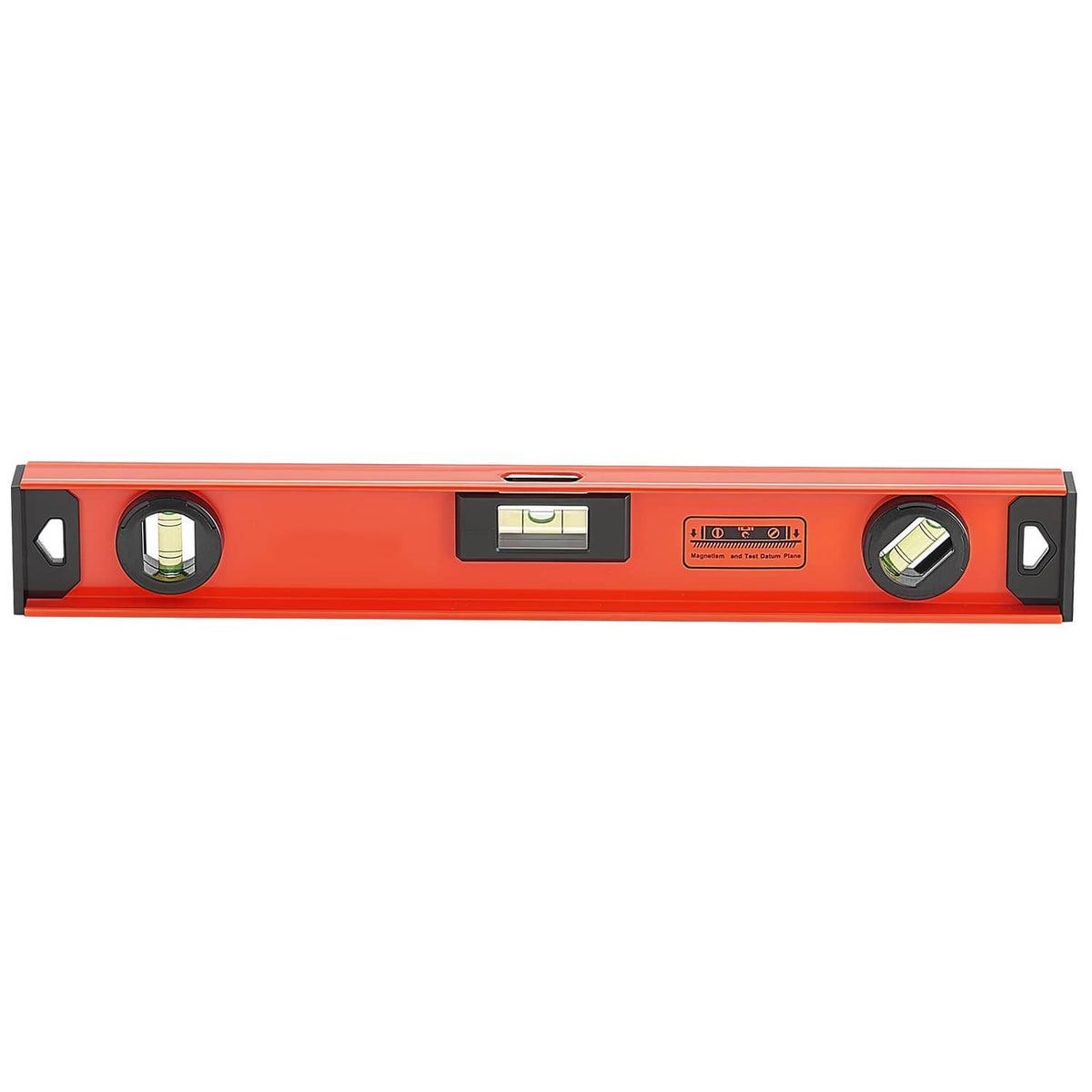 Magnetic I-beam level tool, orange body with spirit vials and side magnets