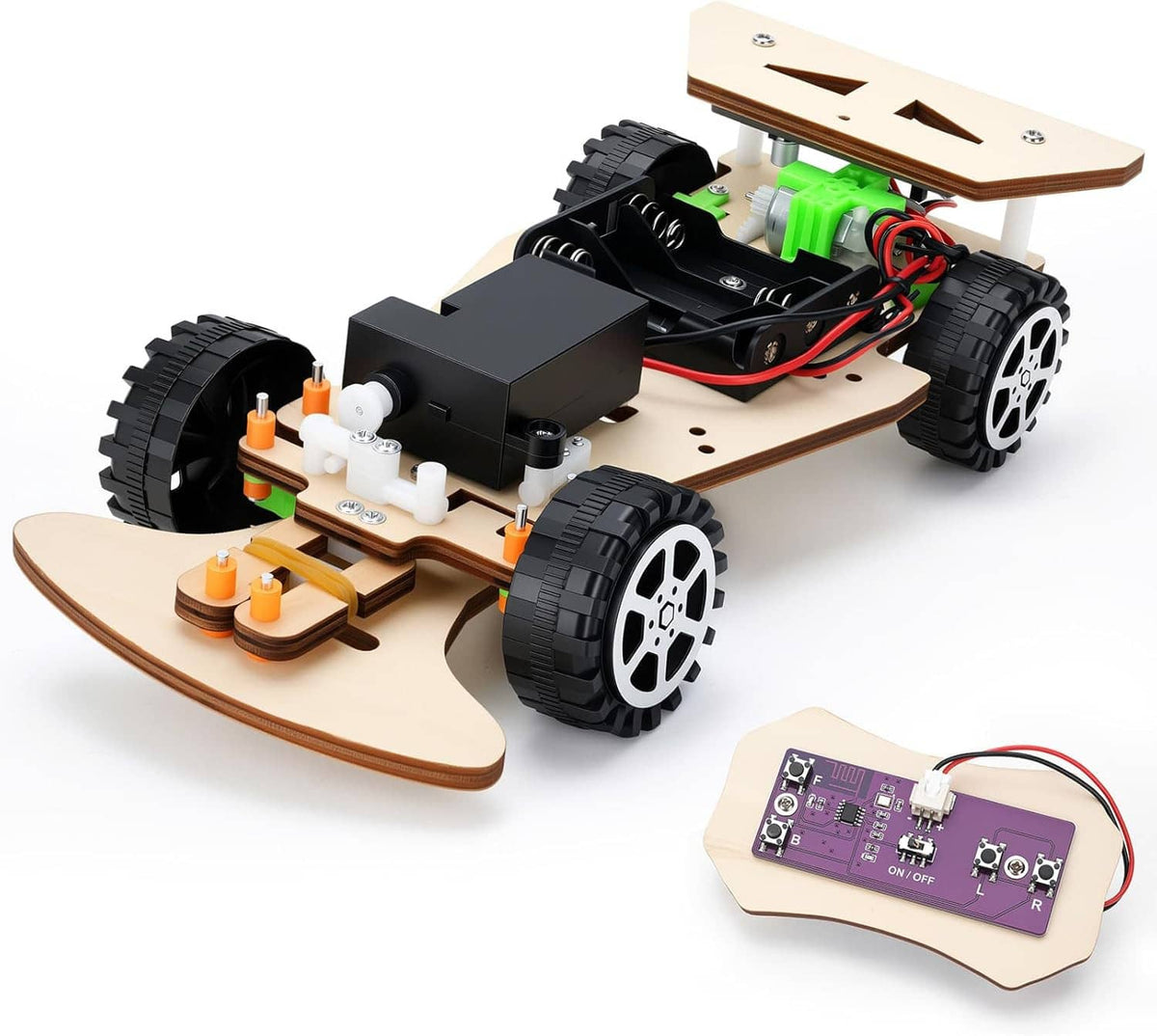 Wooden STEM racing car with big tires, internal circuit parts, and purple remote board