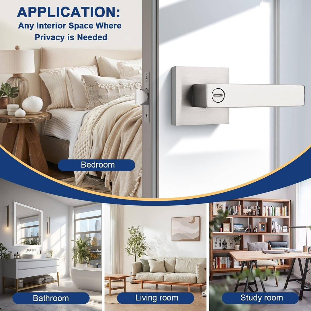 Square brushed nickel door handle lever set with round center rosette, privacy style.
