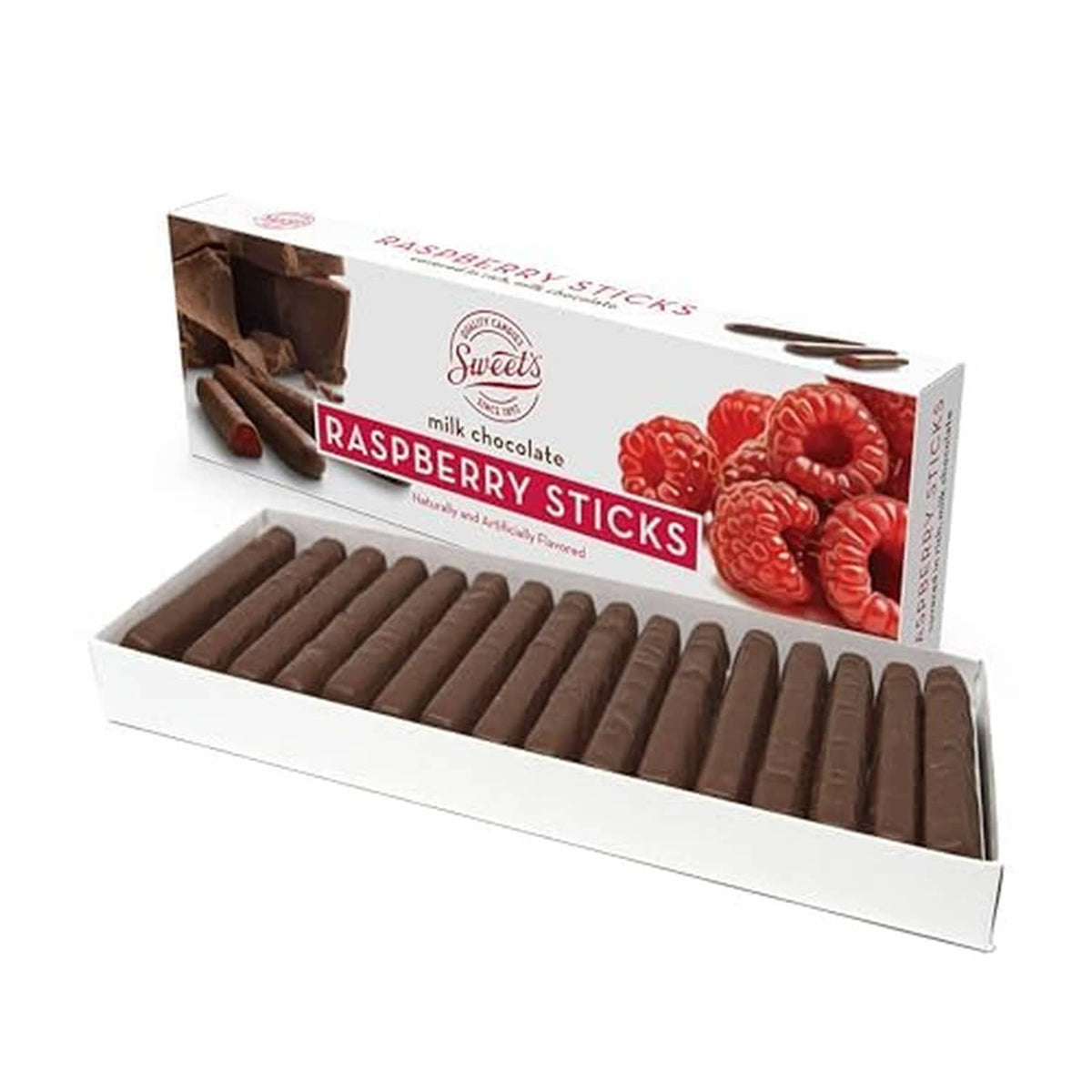 Raspberry-flavored milk chocolate sticks in open gift box with raspberry fruit graphic