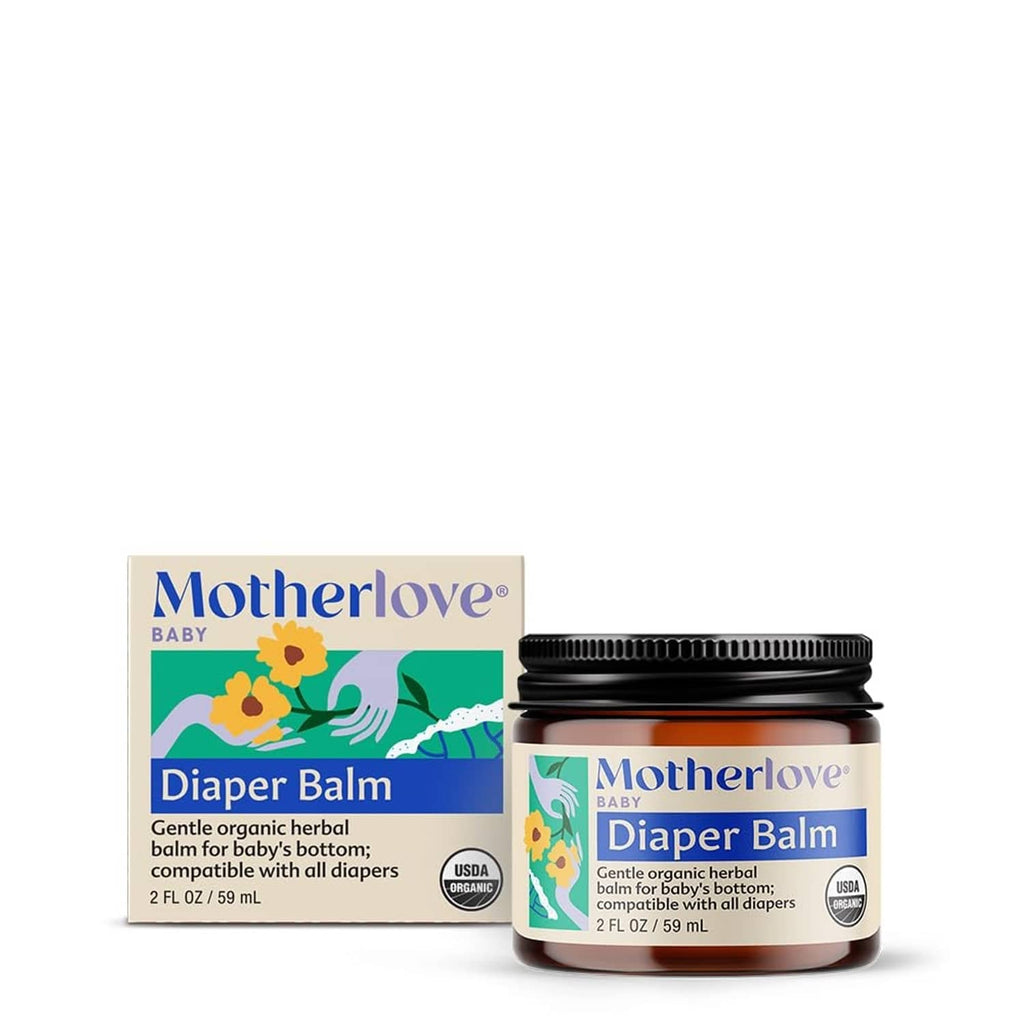Motherlove diaper balm set with brown glass jar and cardboard box, 2 oz