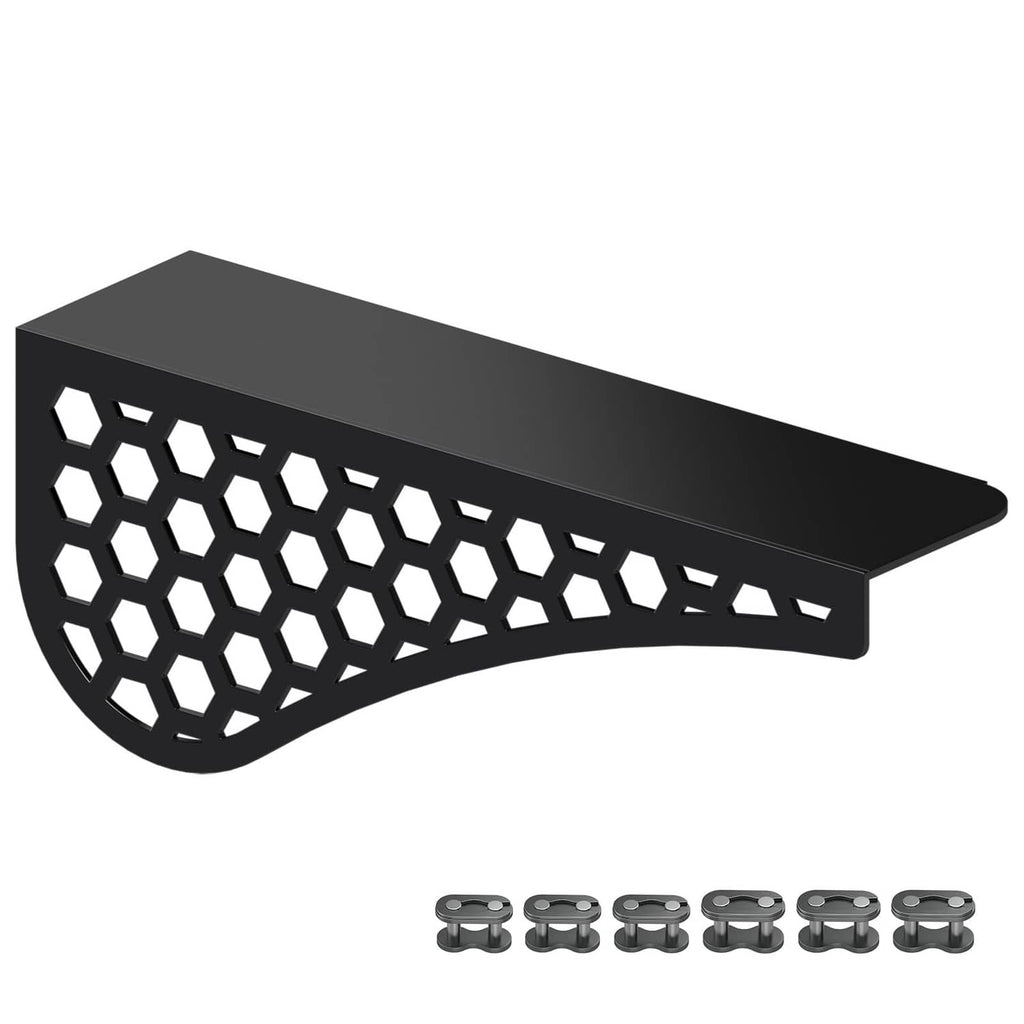 Black mini bike chain guard with hex mesh cutouts and curved front edge