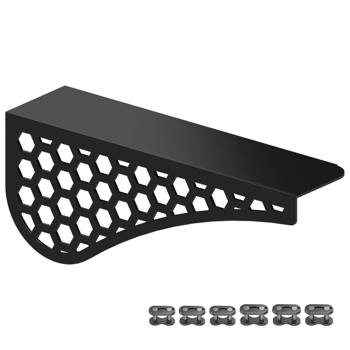 Black mini bike chain guard with hex mesh cutouts and curved front edge